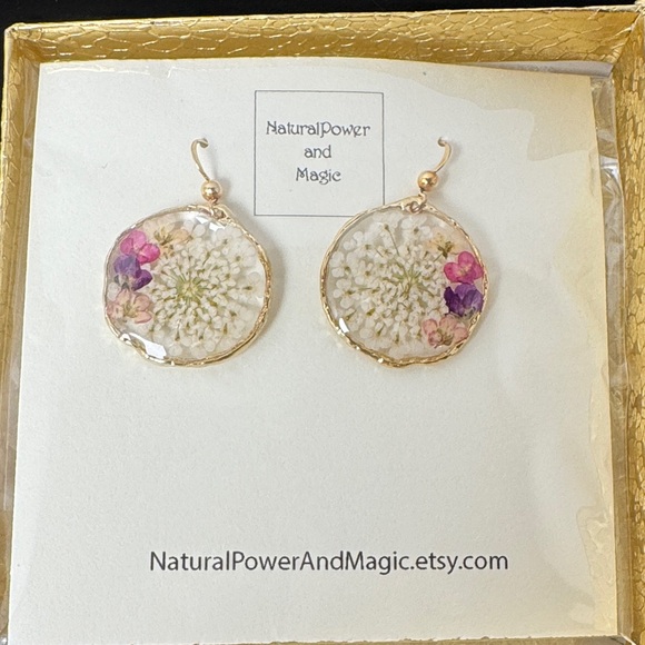 NWT‎ in Box Handcrafted Botanical Earrings Gold Purple Natural Power and Magic - Picture 2 of 7